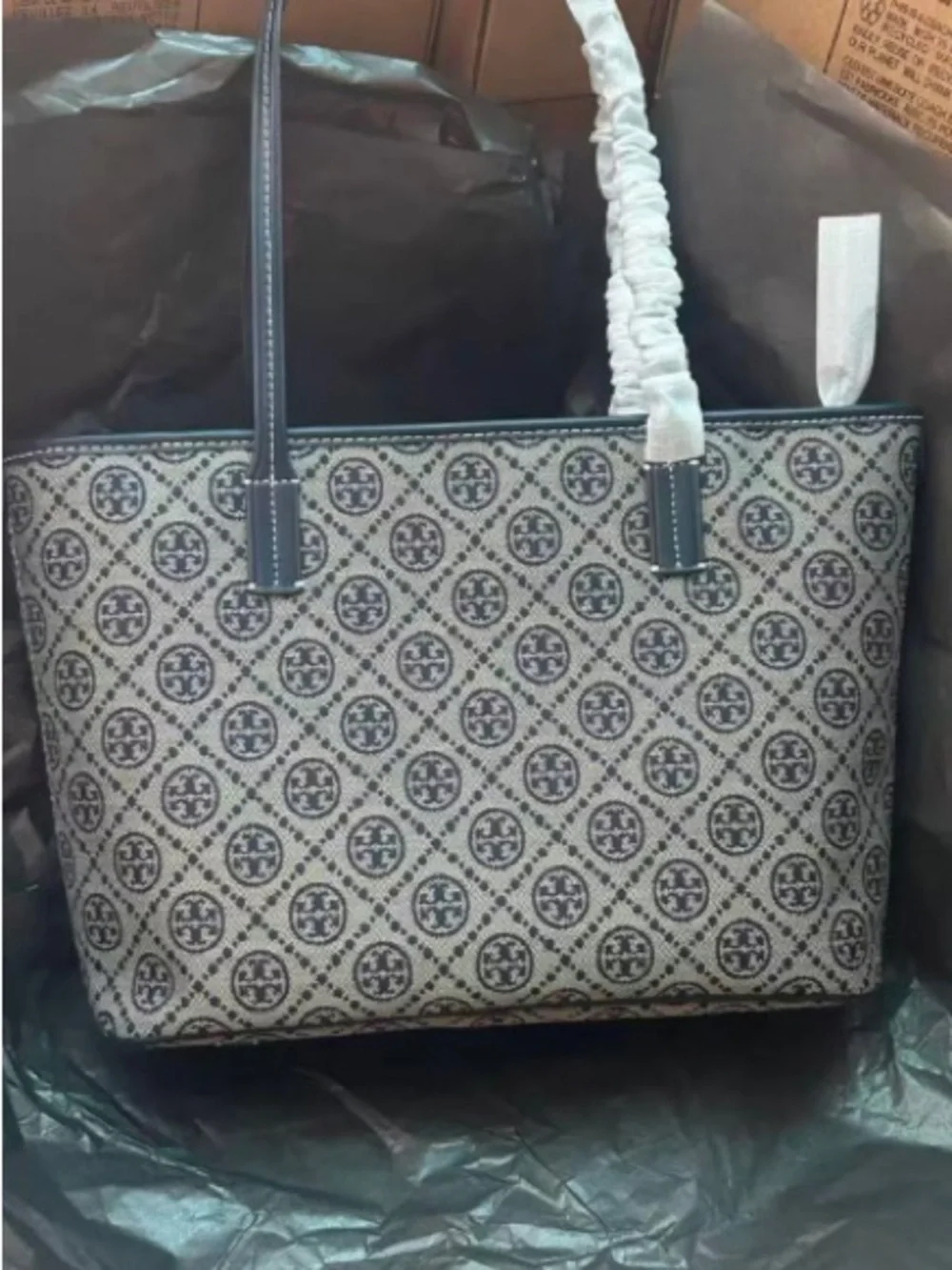 Tory Burch Navy and Cream Logo Jacquard Tote with Wristlet